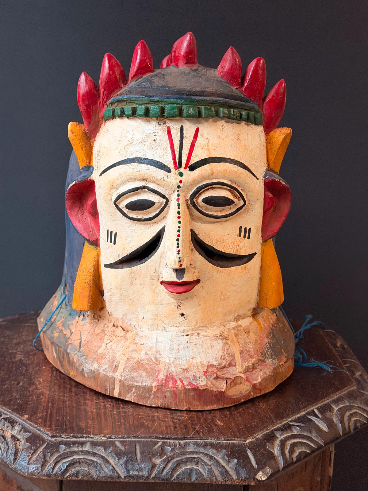 Vintage Igala African Carved Wood Helmet Mask Polychrome Tribal Folk Art