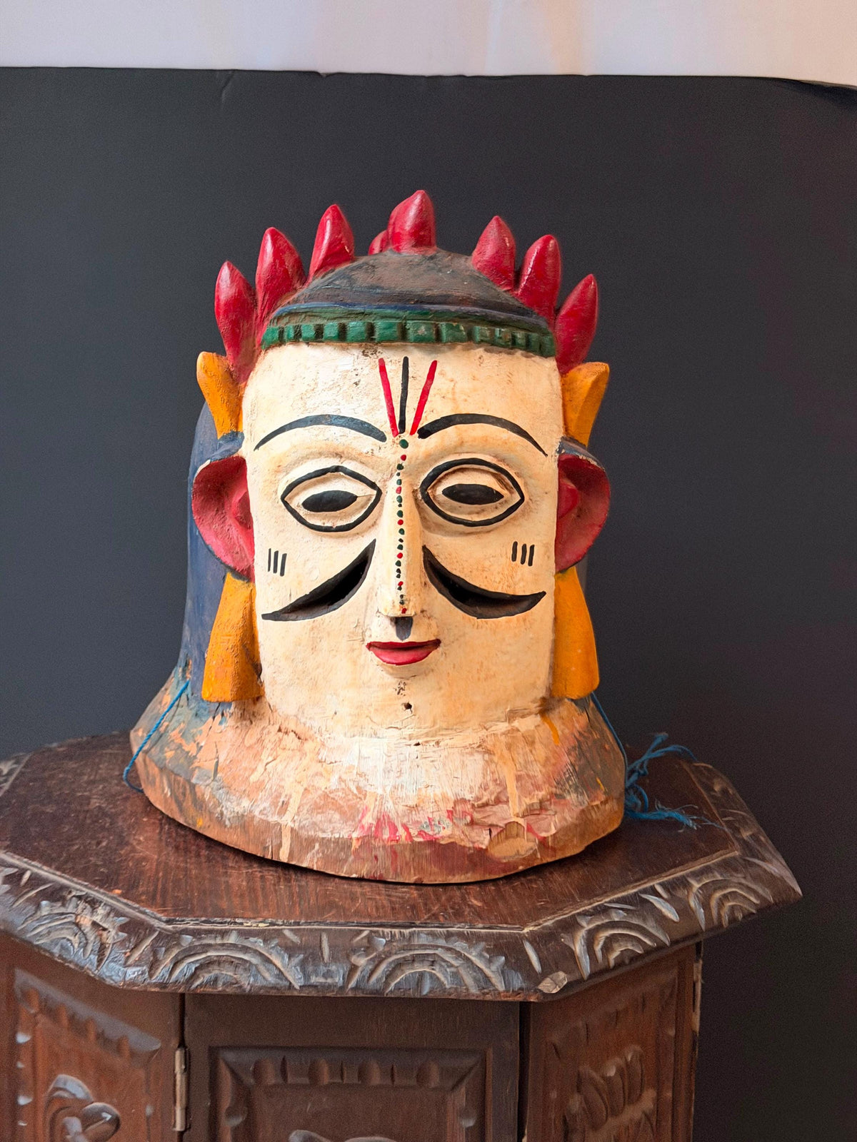 Vintage Igala African Carved Wood Helmet Mask Polychrome Tribal Folk Art