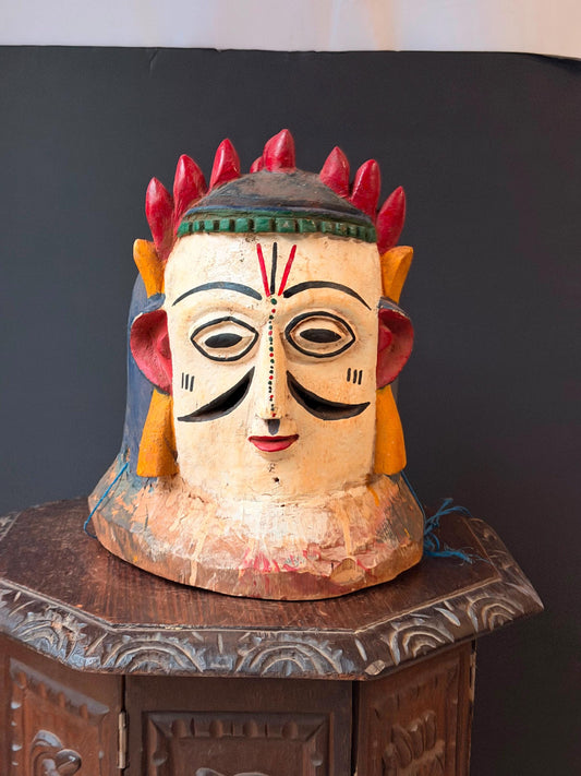 Vintage Igala African Carved Wood Helmet Mask Polychrome Tribal Folk Art