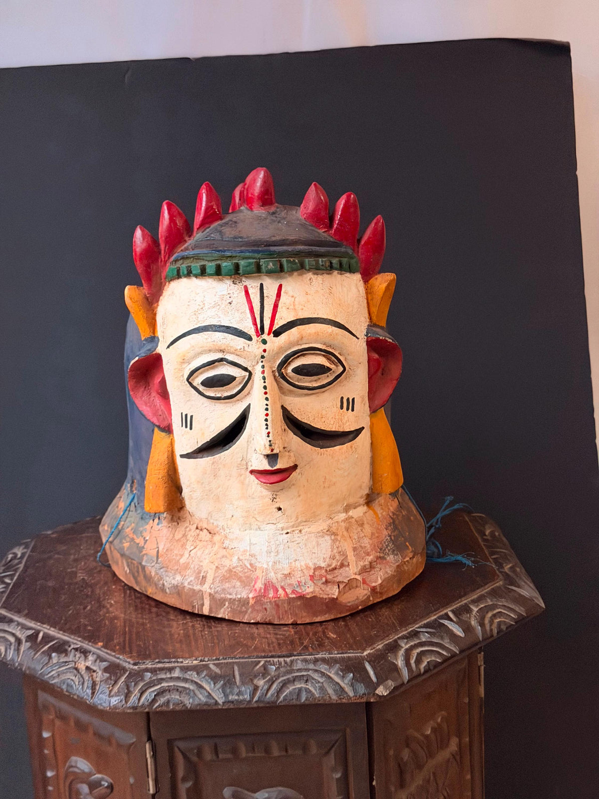Vintage Igala African Carved Wood Helmet Mask Polychrome Tribal Folk Art