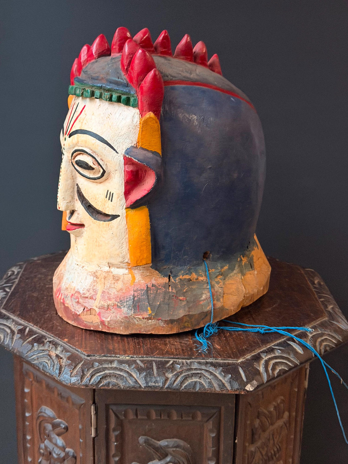 Vintage Igala African Carved Wood Helmet Mask Polychrome Tribal Folk Art
