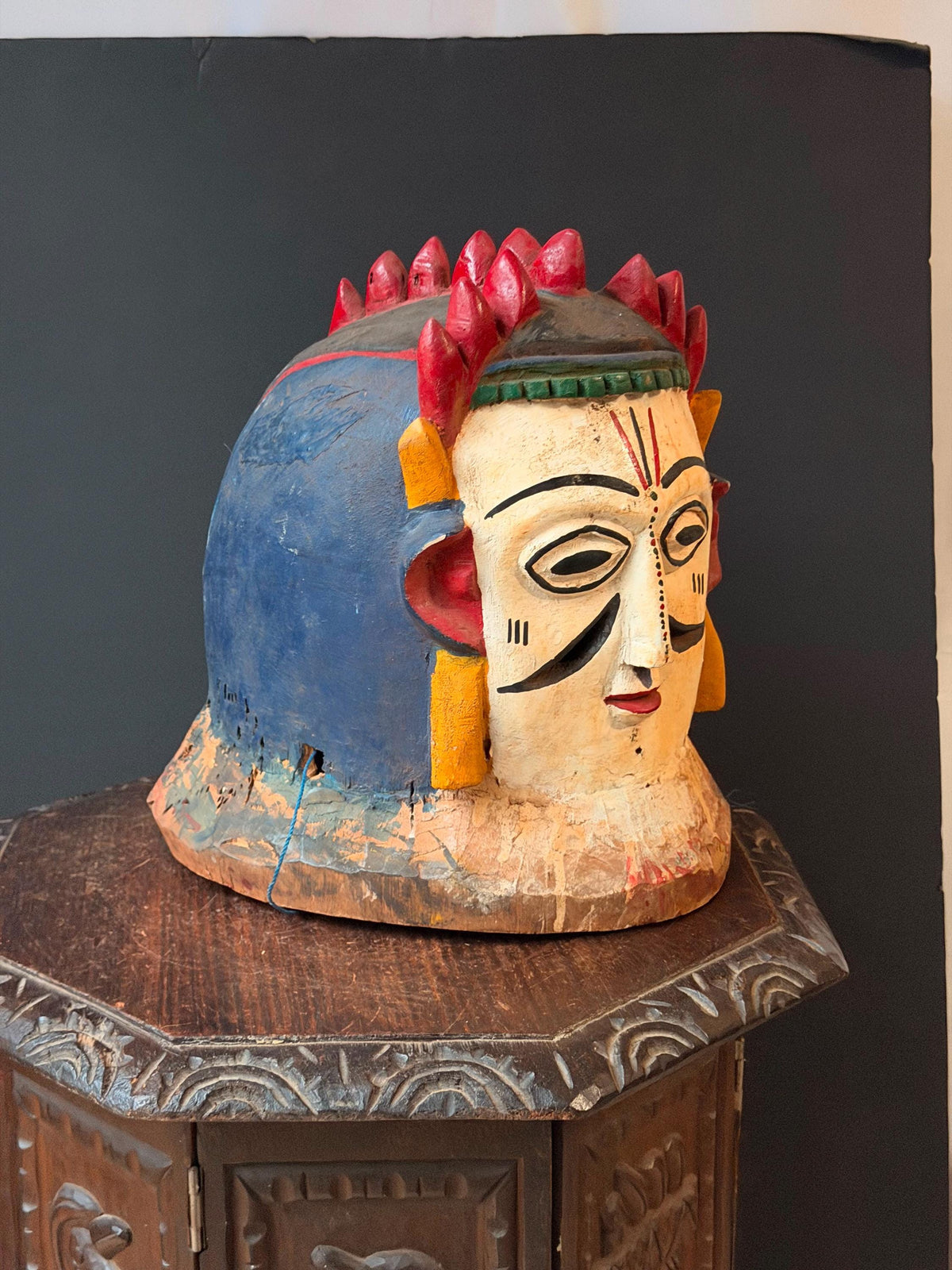Vintage Igala African Carved Wood Helmet Mask Polychrome Tribal Folk Art