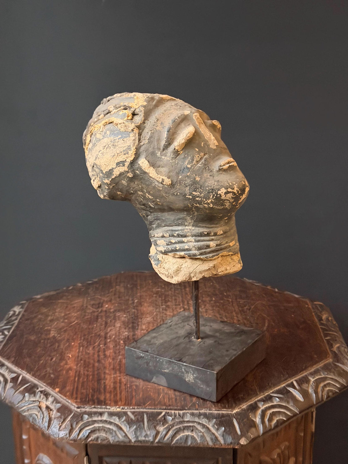 Akan Terracotta Memorial Head West African Clay Sculpture Ghana on Stand