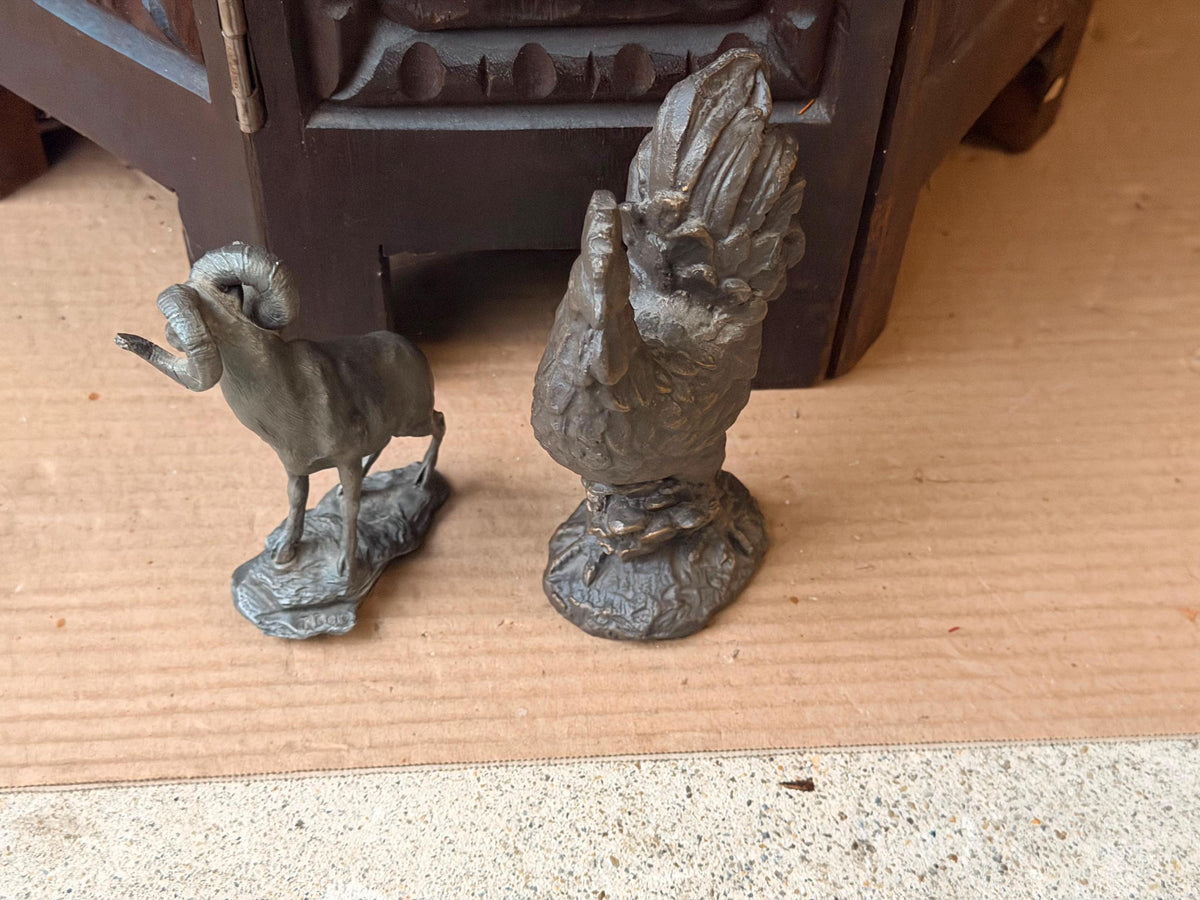 Vintage Pewter Bighorn Sheep 1975 Franklin Mint & Cast Metal Rooster Statues