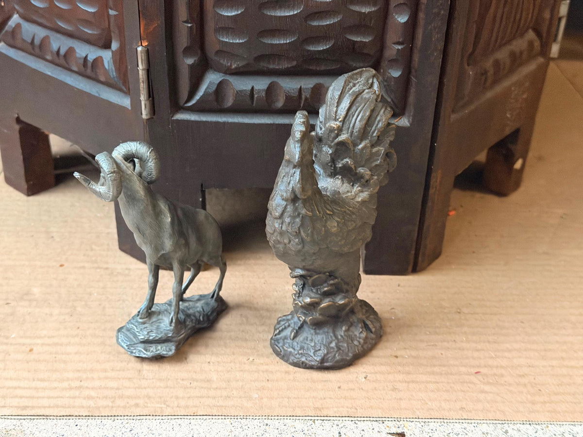 Vintage Pewter Bighorn Sheep 1975 Franklin Mint & Cast Metal Rooster Statues