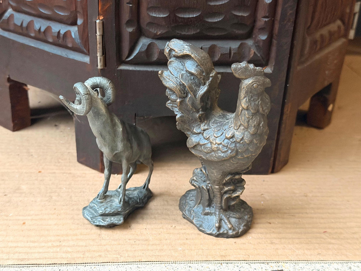 Vintage Pewter Bighorn Sheep 1975 Franklin Mint & Cast Metal Rooster Statues