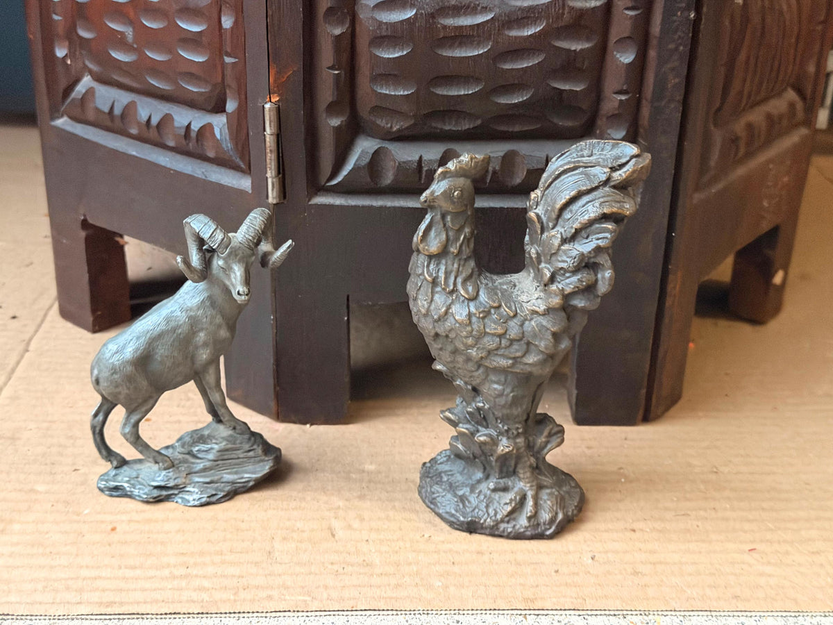 Vintage Pewter Bighorn Sheep 1975 Franklin Mint & Cast Metal Rooster Statues