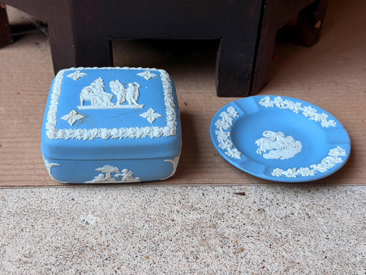 Vintage Wedgwood Blue Jasperware Lidded Box Decorative Dish Set English Pottery