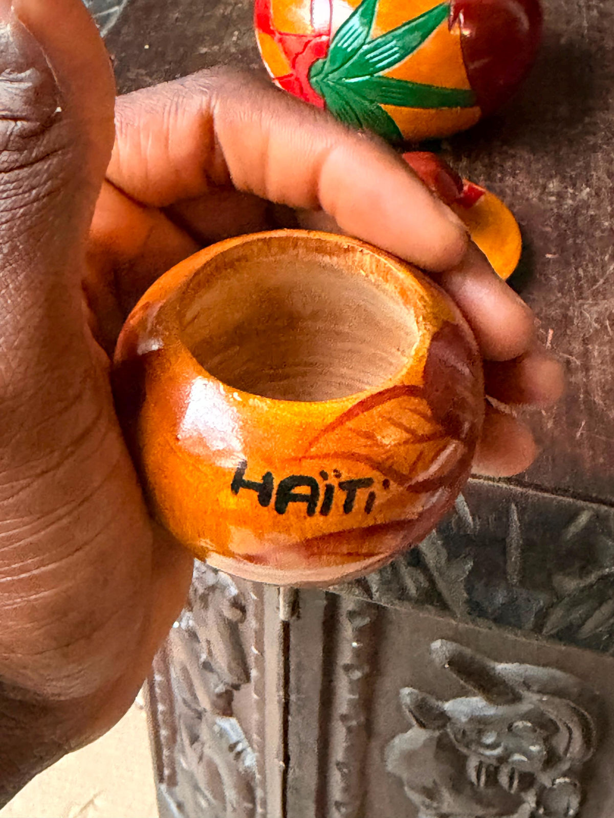 Vintage Carved Wood Lidded Jars Set Hand Painted Haitian Caribbean Folk Art