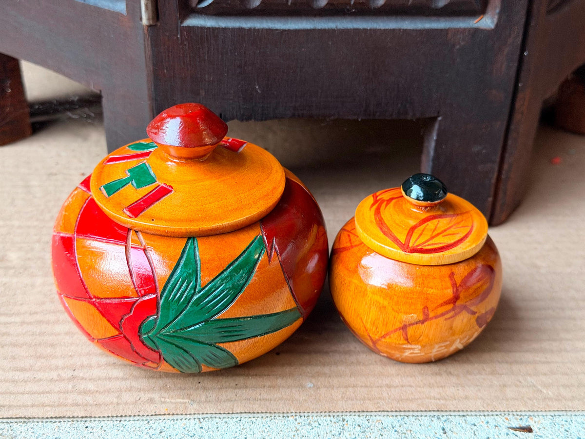 Vintage Carved Wood Lidded Jars Set Hand Painted Haitian Caribbean Folk Art