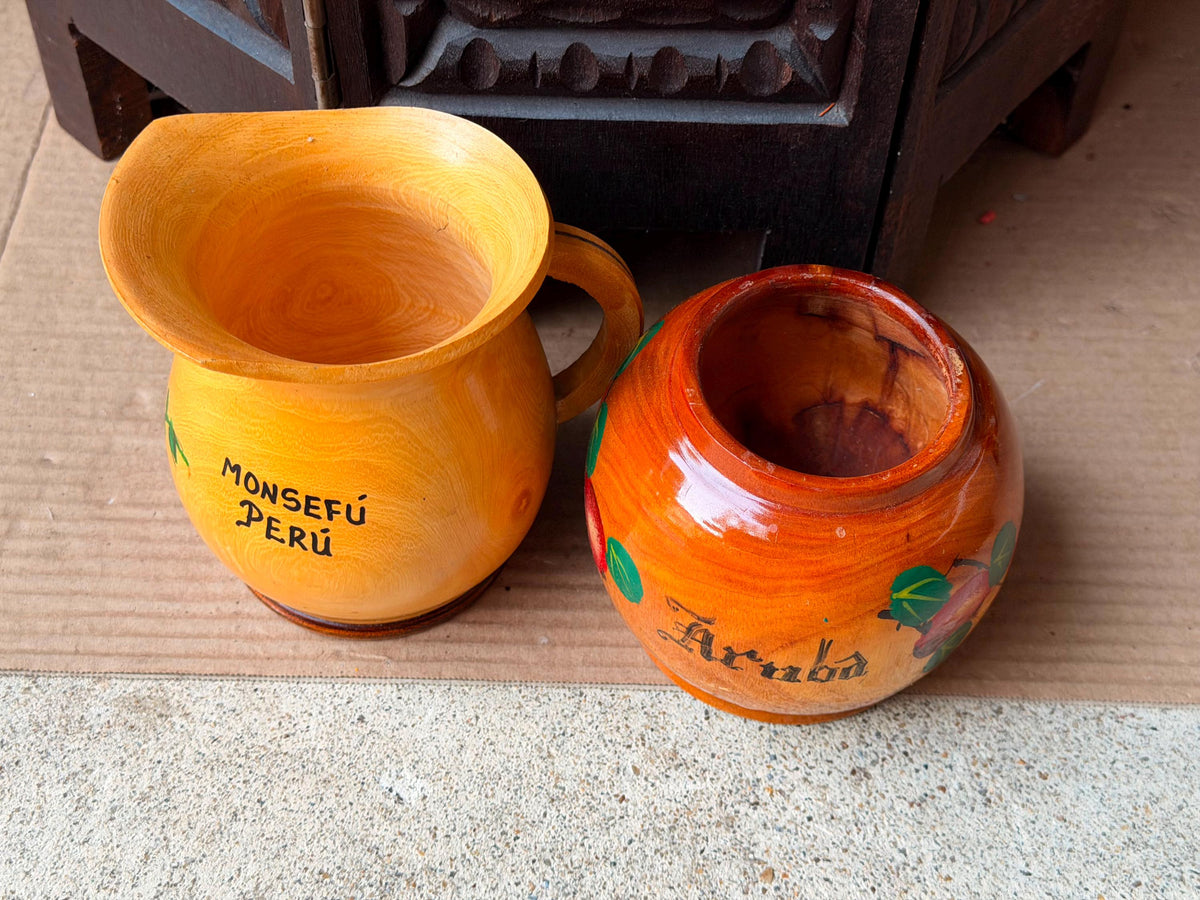 Vintage Carved Wood Pitcher Vessel Set Hand Painted Peru Aruba Folk Art