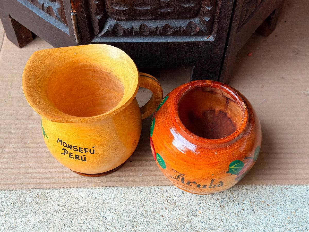 Vintage Carved Wood Pitcher Vessel Set Hand Painted Peru Aruba Folk Art