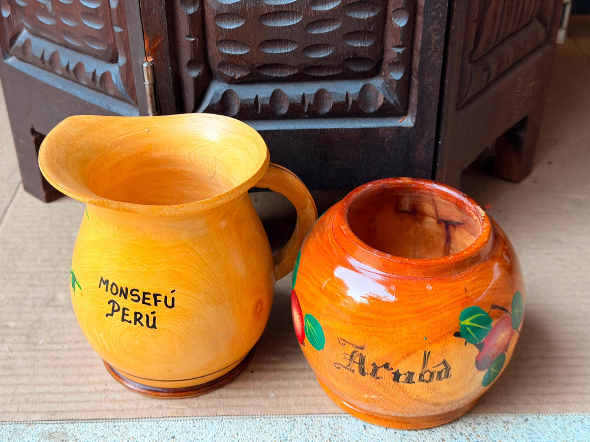Vintage Carved Wood Pitcher Vessel Set Hand Painted Peru Aruba Folk Art