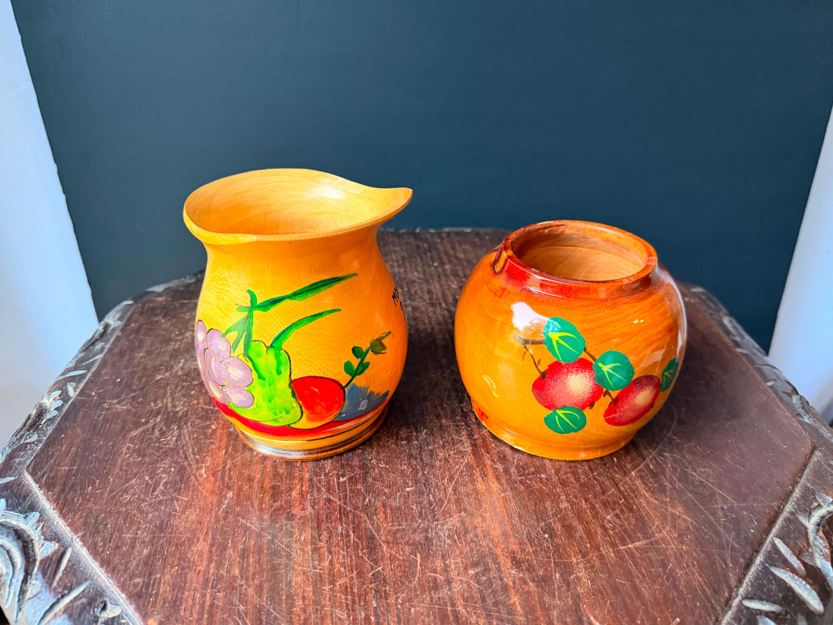 Vintage Carved Wood Pitcher Vessel Set Hand Painted Peru Aruba Folk Art