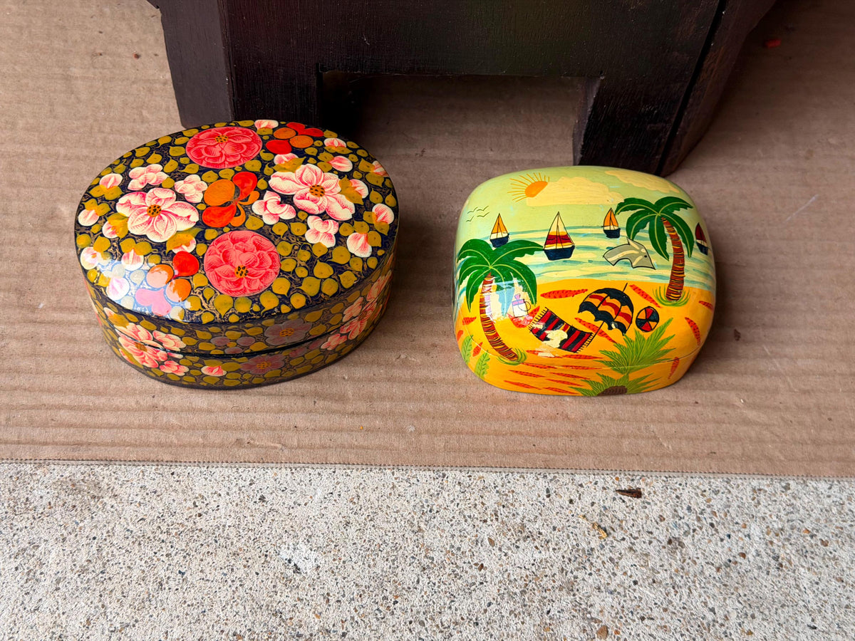 Vintage Hand Painted Papier Mache Box Set Floral Tropical Beach Folk Art 4"