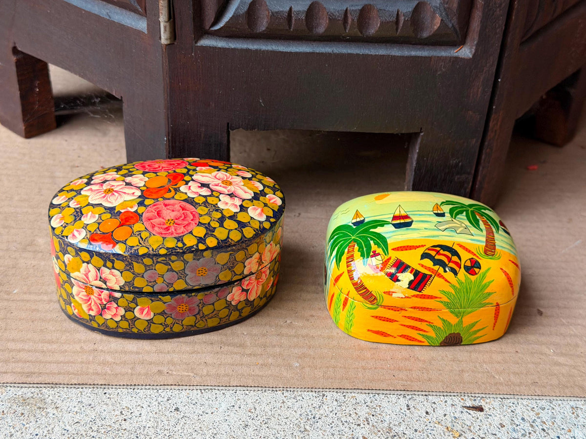 Vintage Hand Painted Papier Mache Box Set Floral Tropical Beach Folk Art 4"