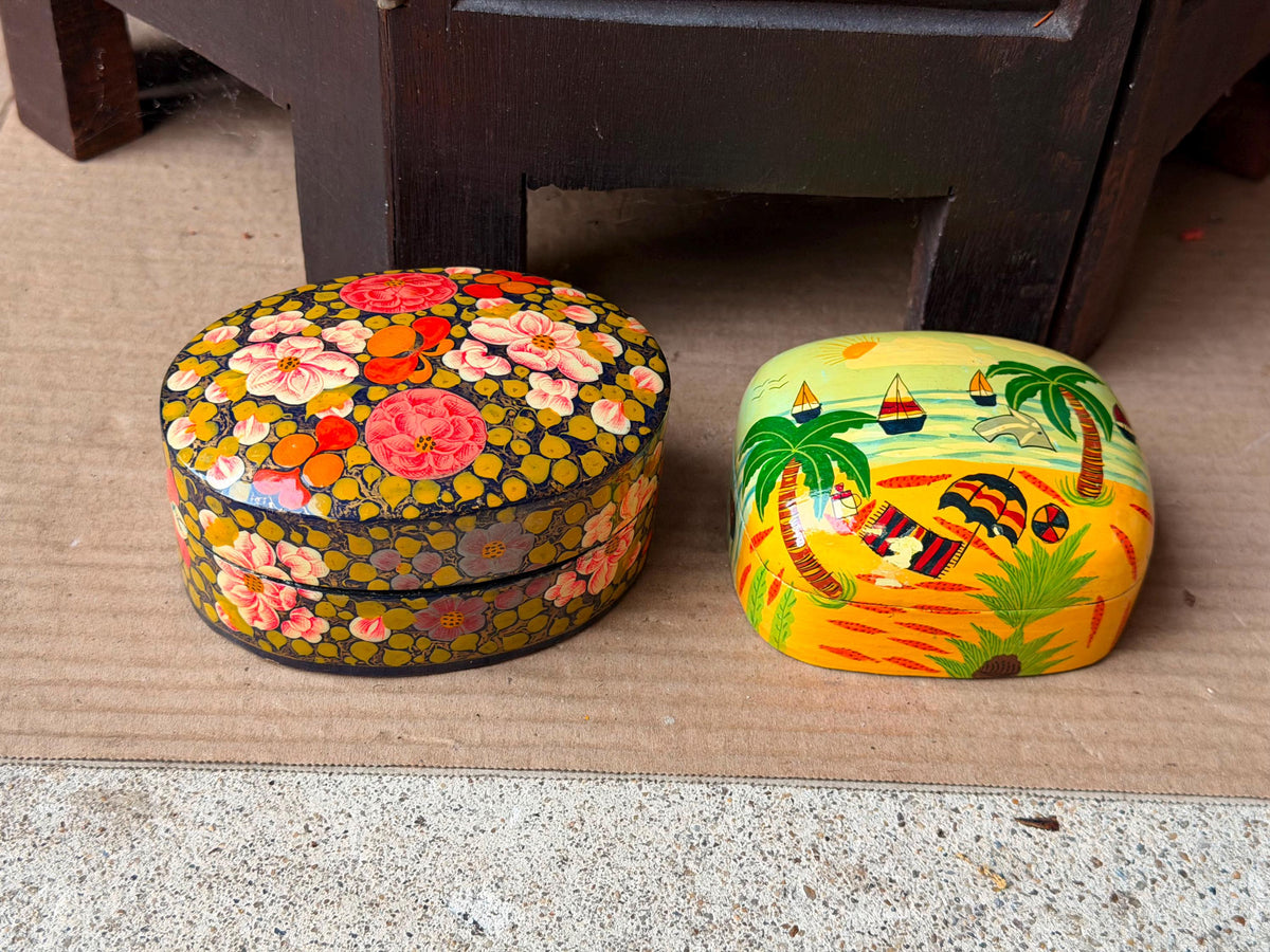 Vintage Hand Painted Papier Mache Box Set Floral Tropical Beach Folk Art 4"
