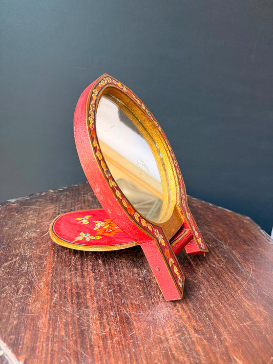 Vintage Hand Painted Wood Folding Vanity Mirror Tabletop Stand Red Floral 9.7"