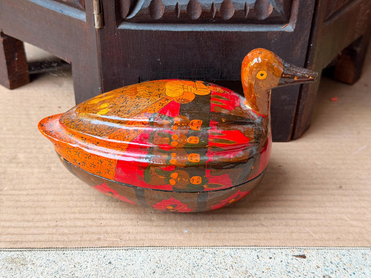 Vintage Hand Painted Papier Mache Duck Box Indian Folk Art Lidded Vessel 7.5"