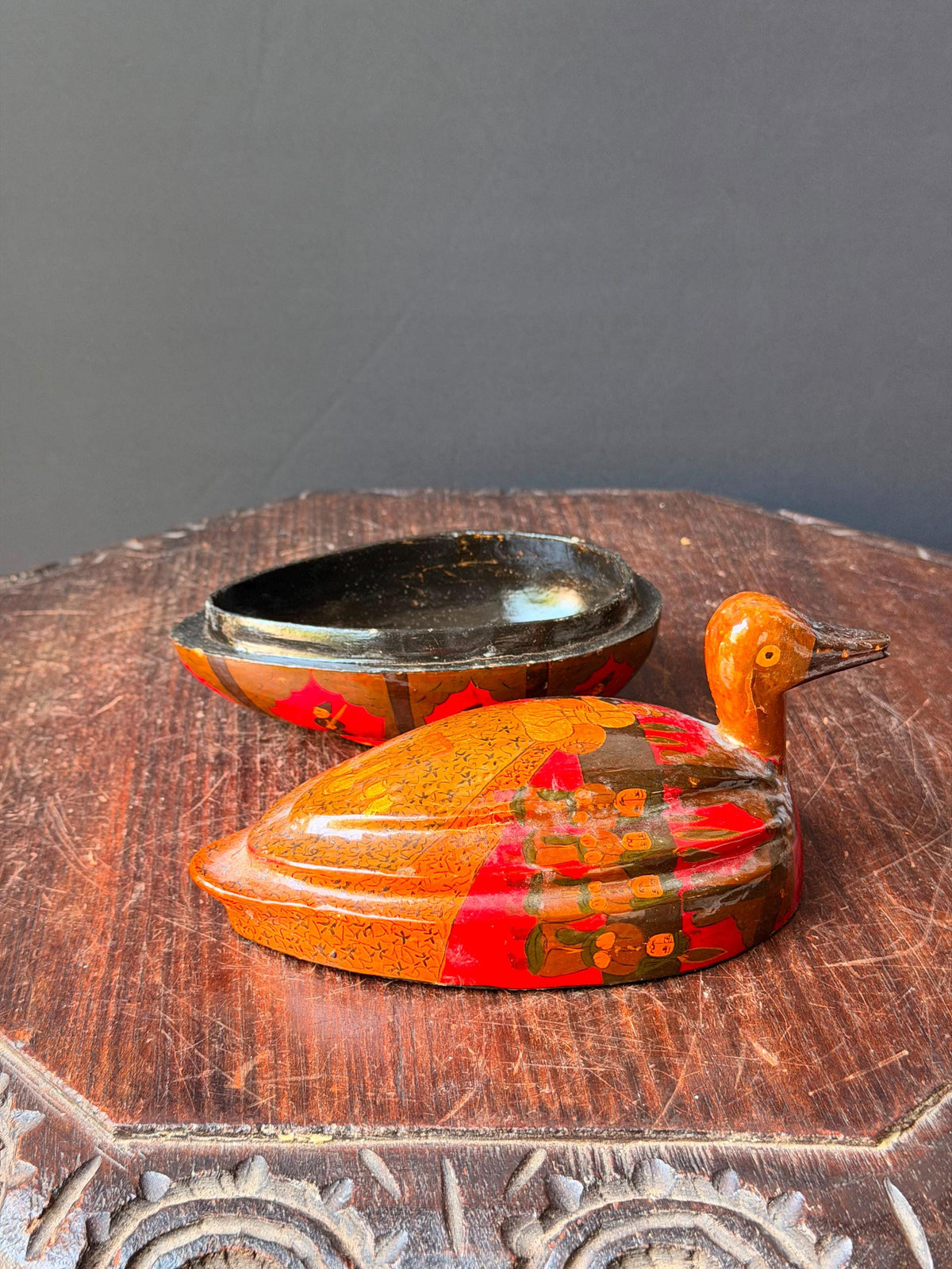 Vintage Hand Painted Papier Mache Duck Box Indian Folk Art Lidded Vessel 7.5"