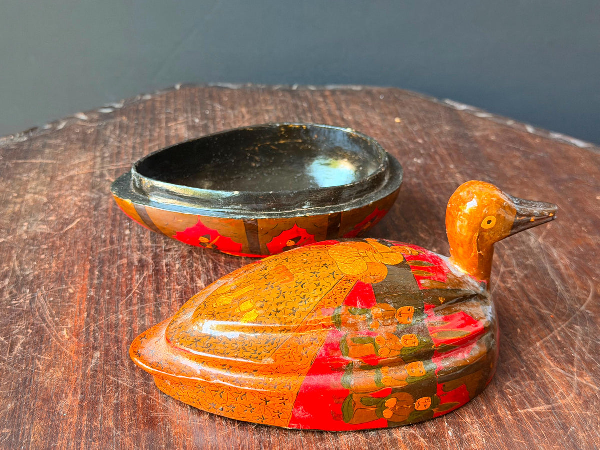 Vintage Hand Painted Papier Mache Duck Box Indian Folk Art Lidded Vessel 7.5"