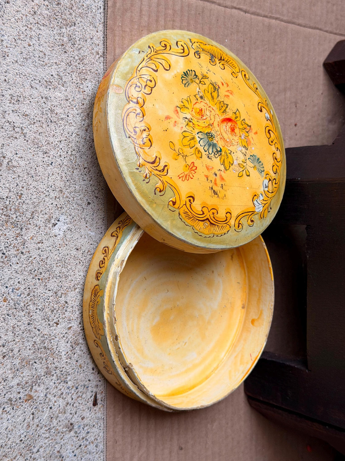 Vintage Hand Painted Papier Mache Box Yellow Floral Round Trinket Vessel