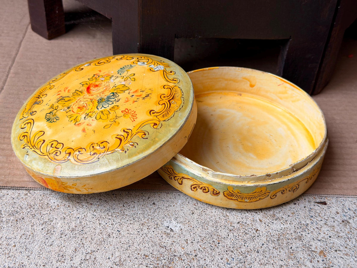 Vintage Hand Painted Papier Mache Box Yellow Floral Round Trinket Vessel