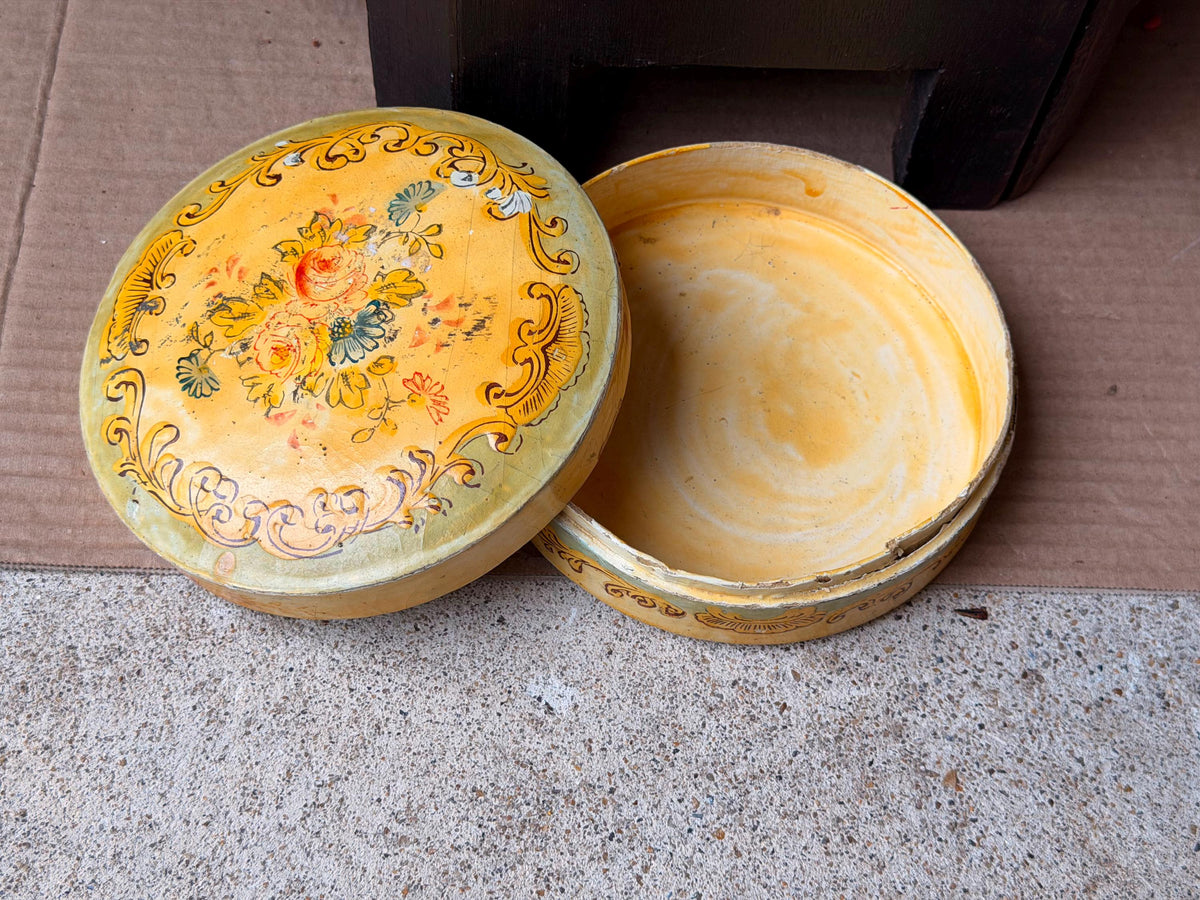 Vintage Hand Painted Papier Mache Box Yellow Floral Round Trinket Vessel