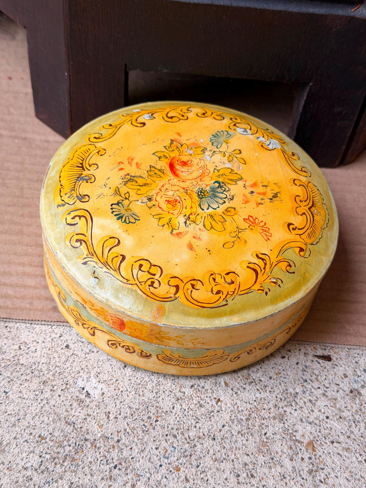 Vintage Hand Painted Papier Mache Box Yellow Floral Round Trinket Vessel