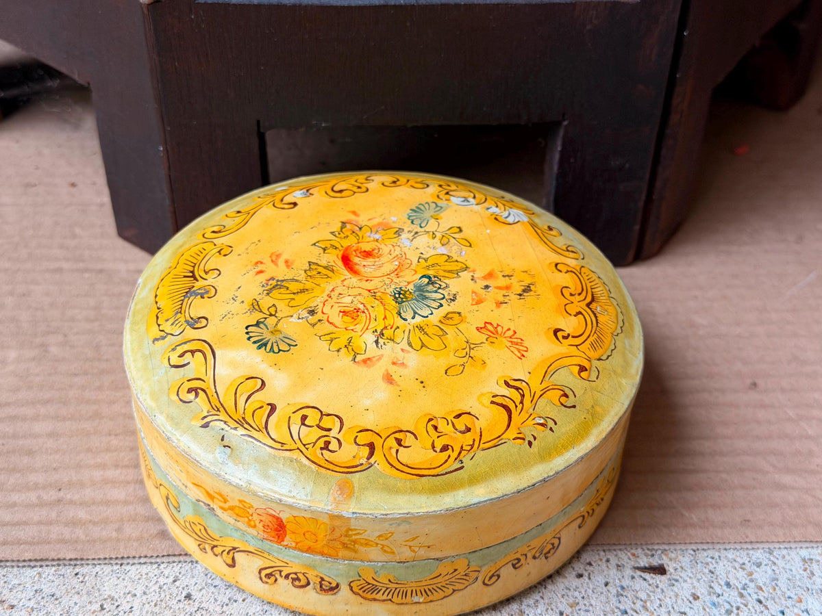 Vintage Hand Painted Papier Mache Box Yellow Floral Round Trinket Vessel