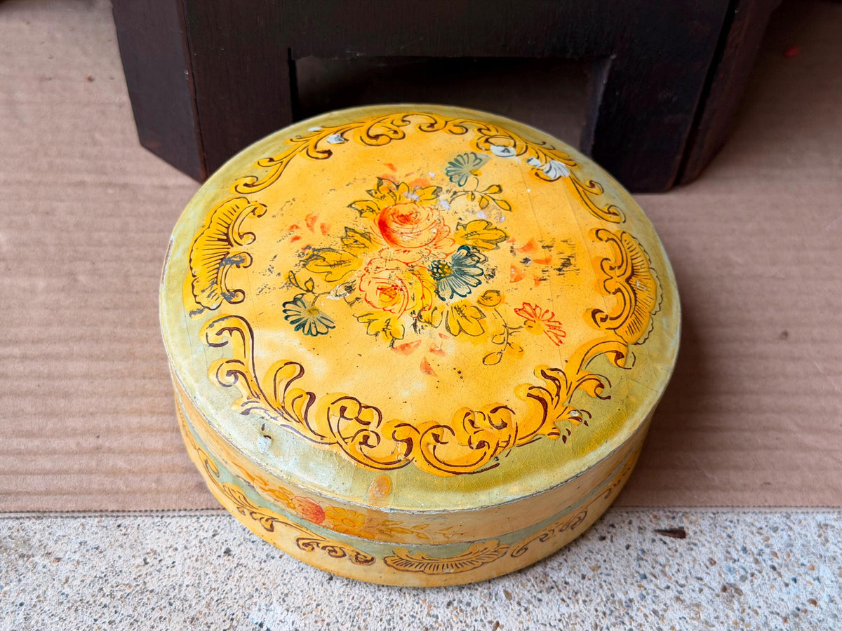 Vintage Hand Painted Papier Mache Box Yellow Floral Round Trinket Vessel