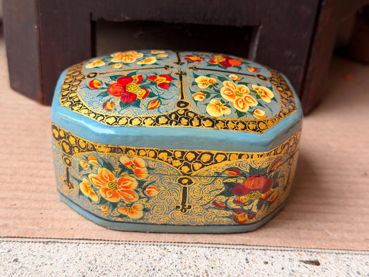 Vintage Hand Painted Papier Mache Box Blue Gold Floral Octagonal Trinket Vessel
