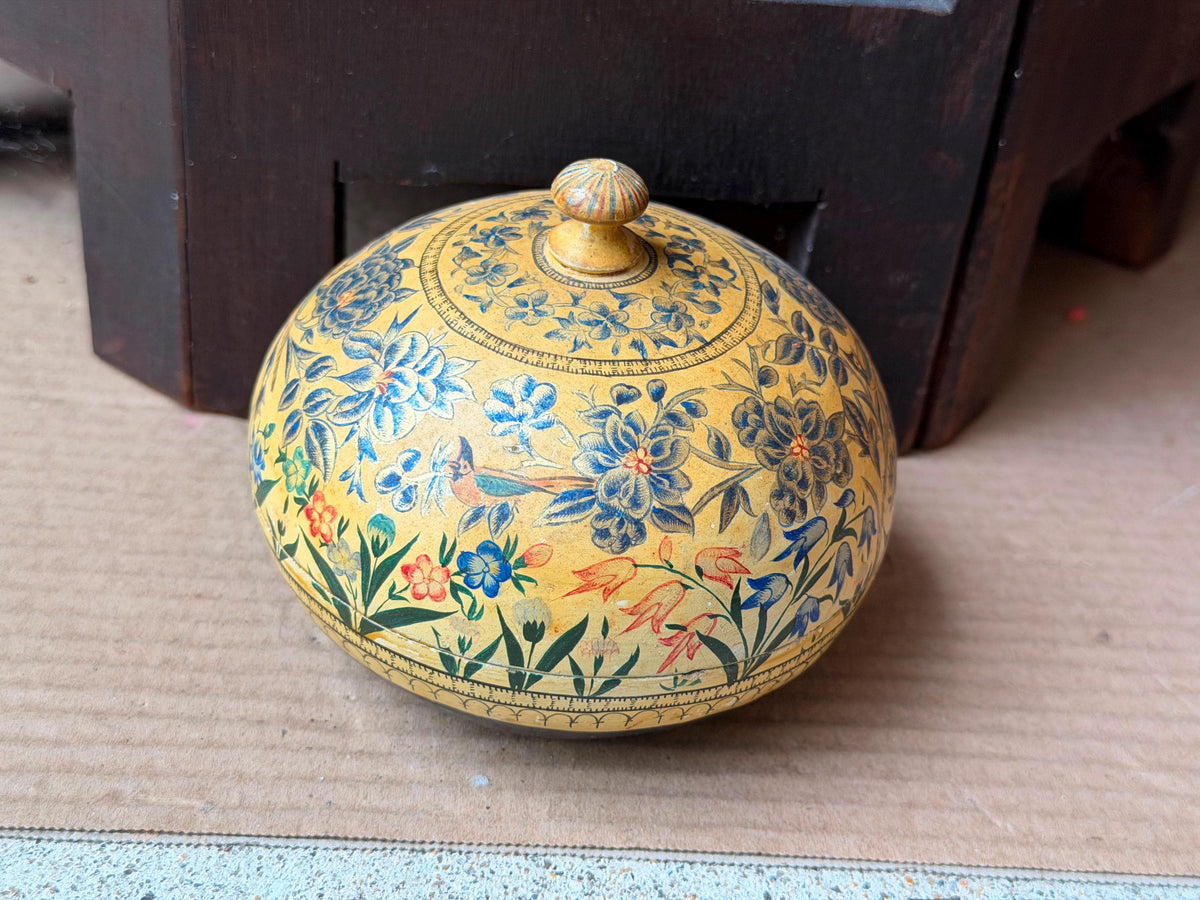 Vintage Hand Painted Papier Mache Box Yellow Blue Floral Bird Trinket Vessel