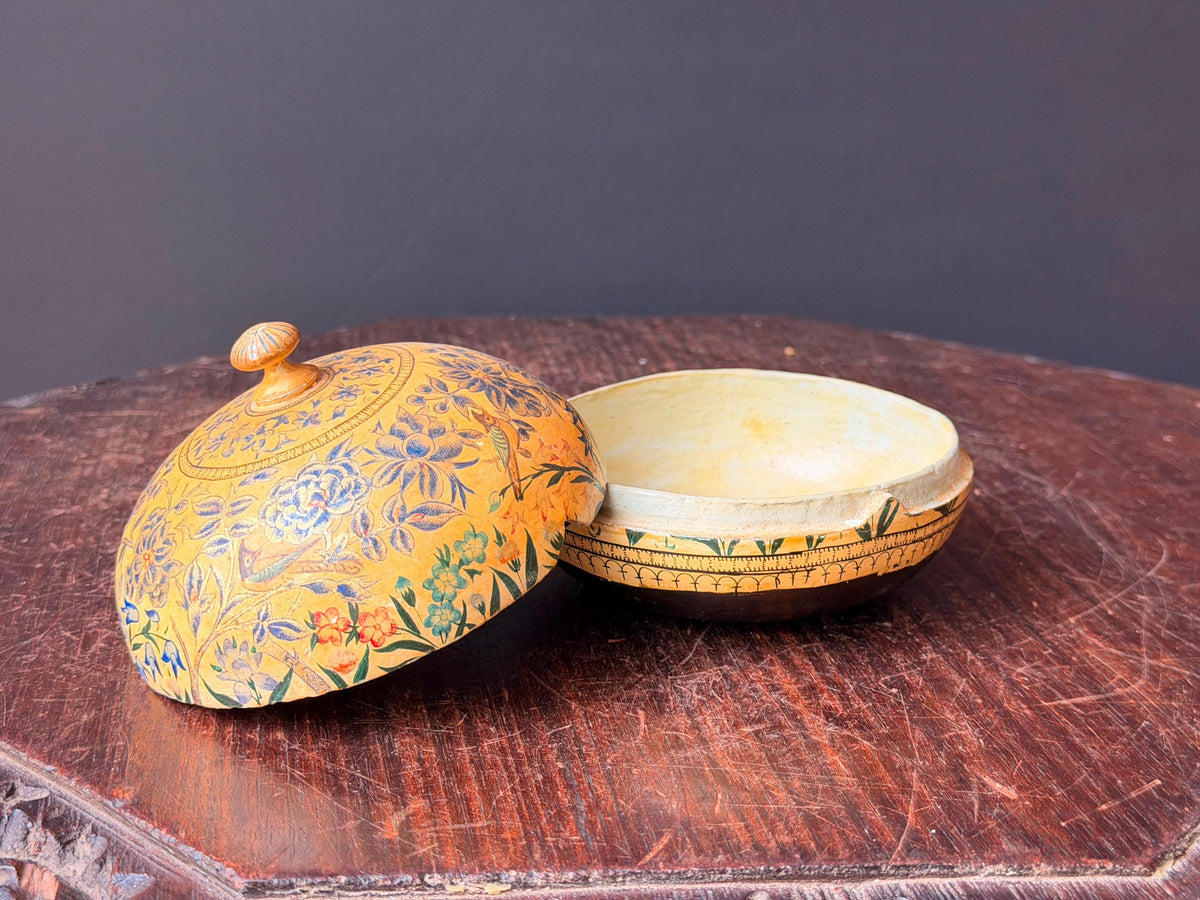 Vintage Hand Painted Papier Mache Box Yellow Blue Floral Bird Trinket Vessel