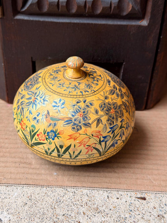 Vintage Hand Painted Papier Mache Box Yellow Blue Floral Bird Trinket Vessel