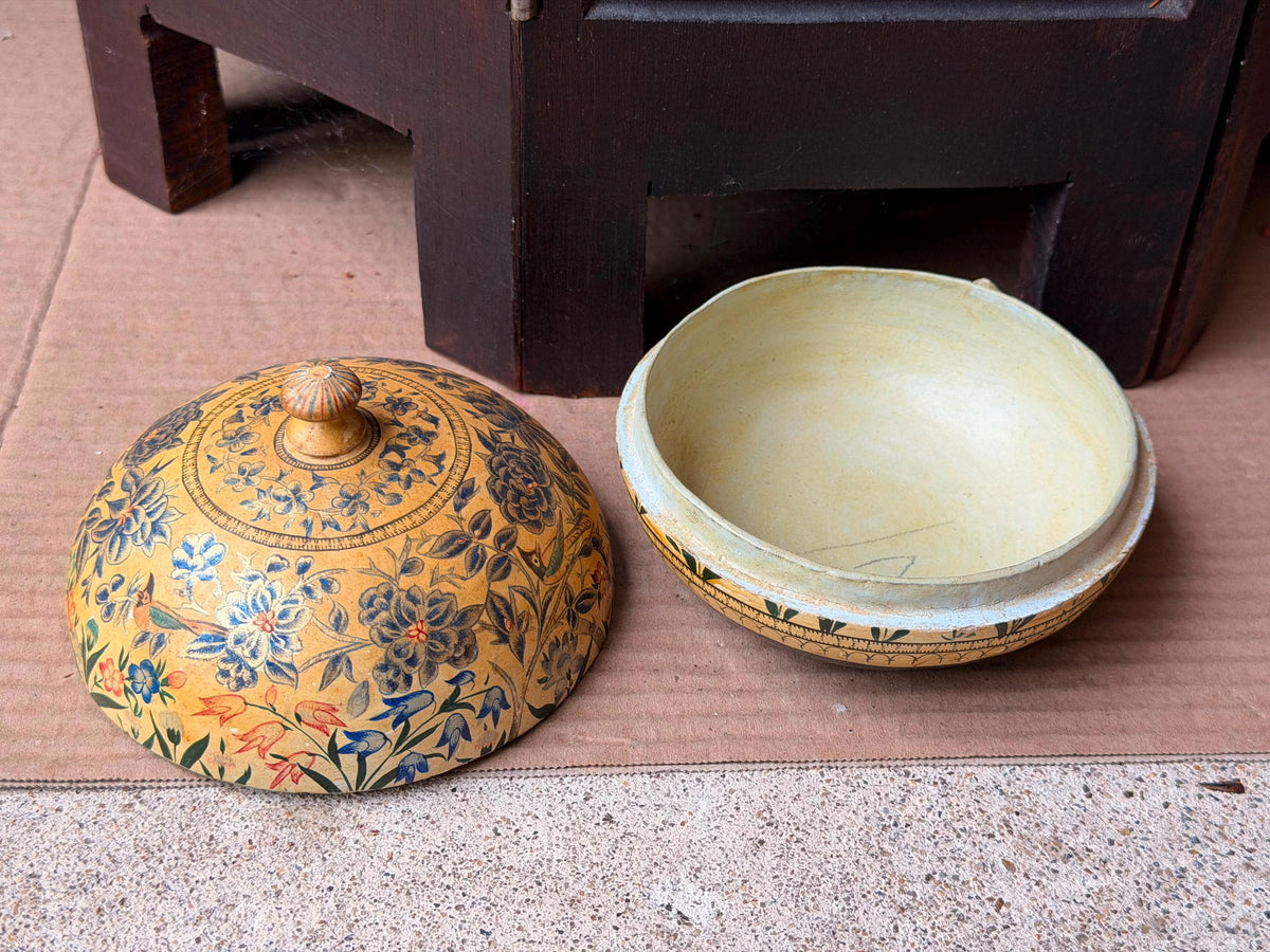Vintage Hand Painted Papier Mache Box Yellow Blue Floral Bird Trinket Vessel