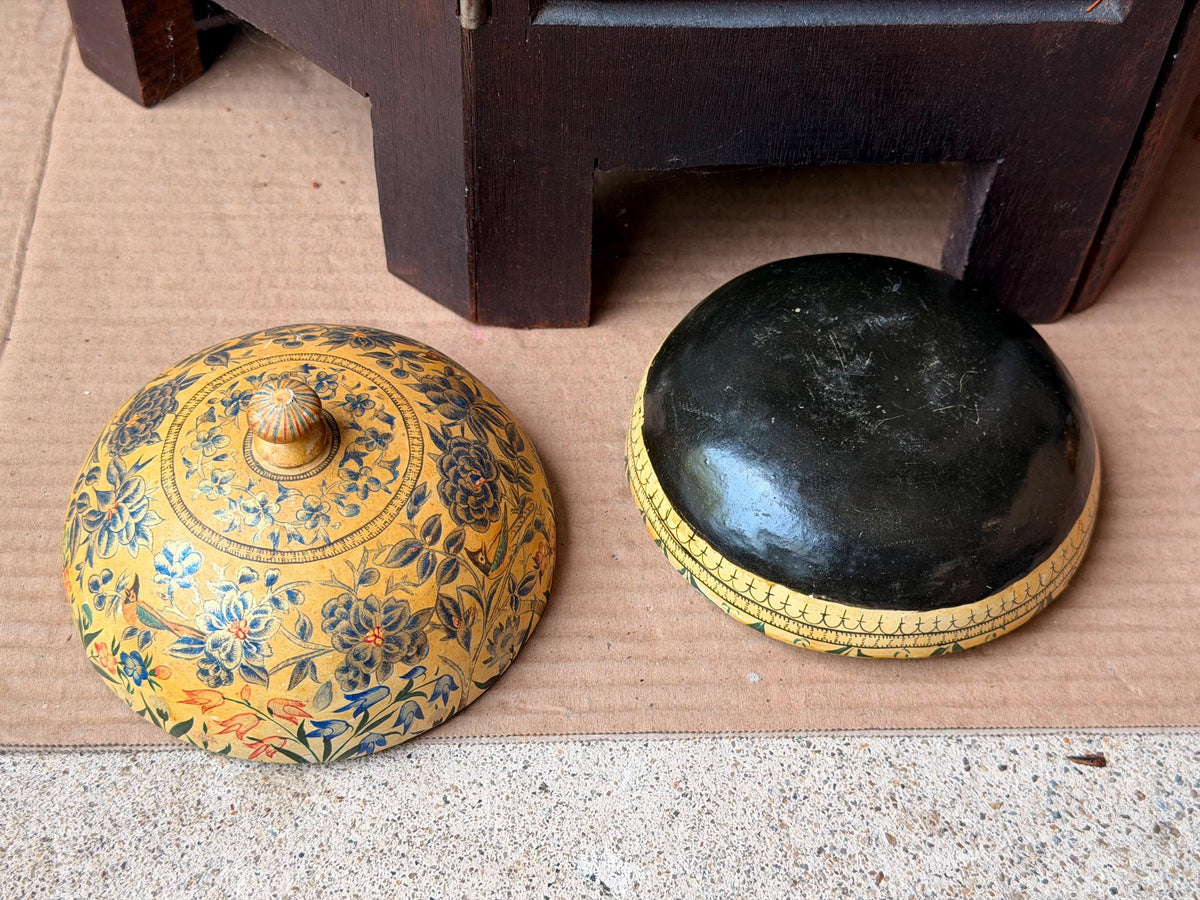 Vintage Hand Painted Papier Mache Box Yellow Blue Floral Bird Trinket Vessel