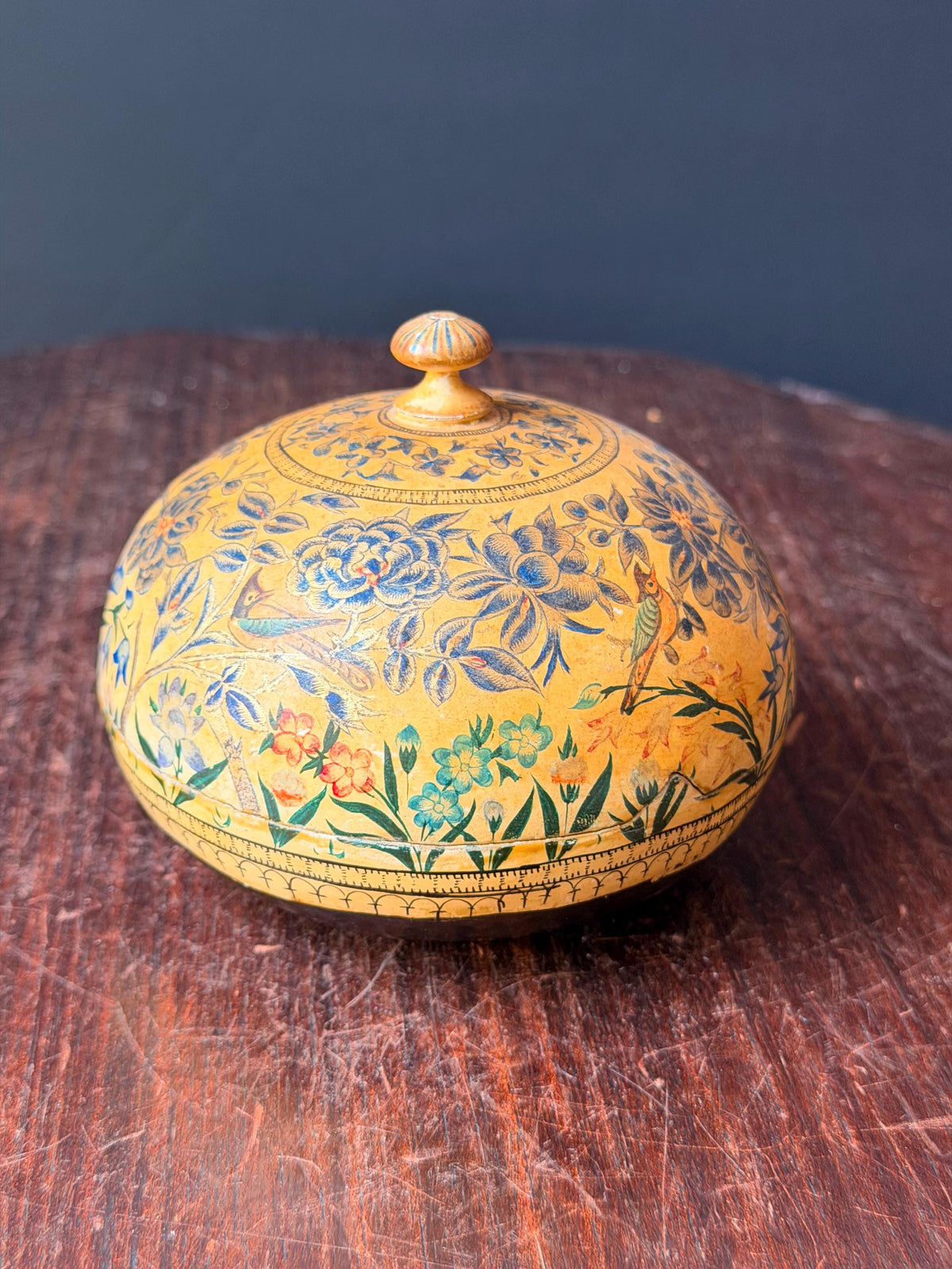 Vintage Hand Painted Papier Mache Box Yellow Blue Floral Bird Trinket Vessel