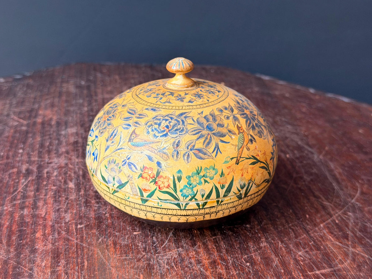 Vintage Hand Painted Papier Mache Box Yellow Blue Floral Bird Trinket Vessel