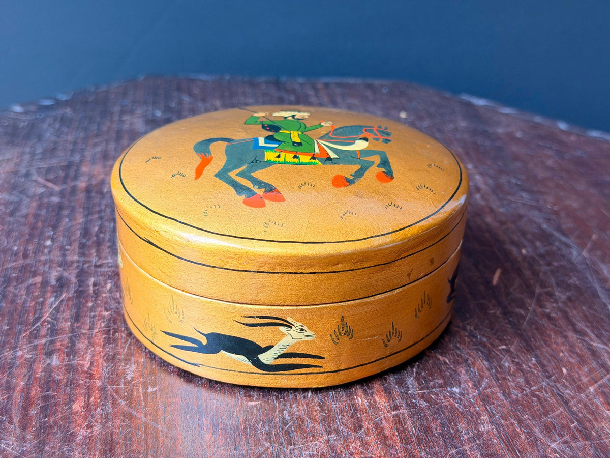 Vintage Hand Painted Papier Mache Box Gold Equestrian Horse Hunting Vessel