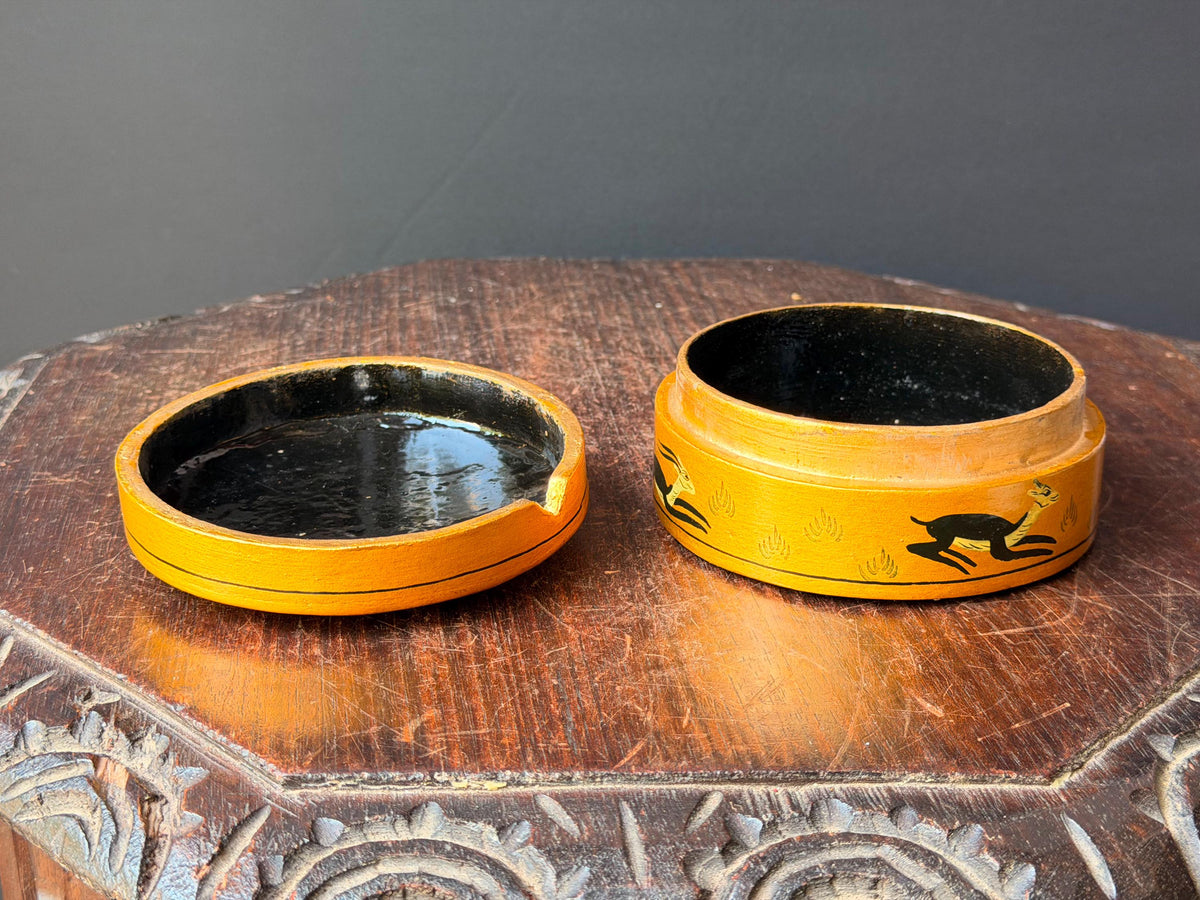 Vintage Hand Painted Papier Mache Box Gold Equestrian Horse Hunting Vessel