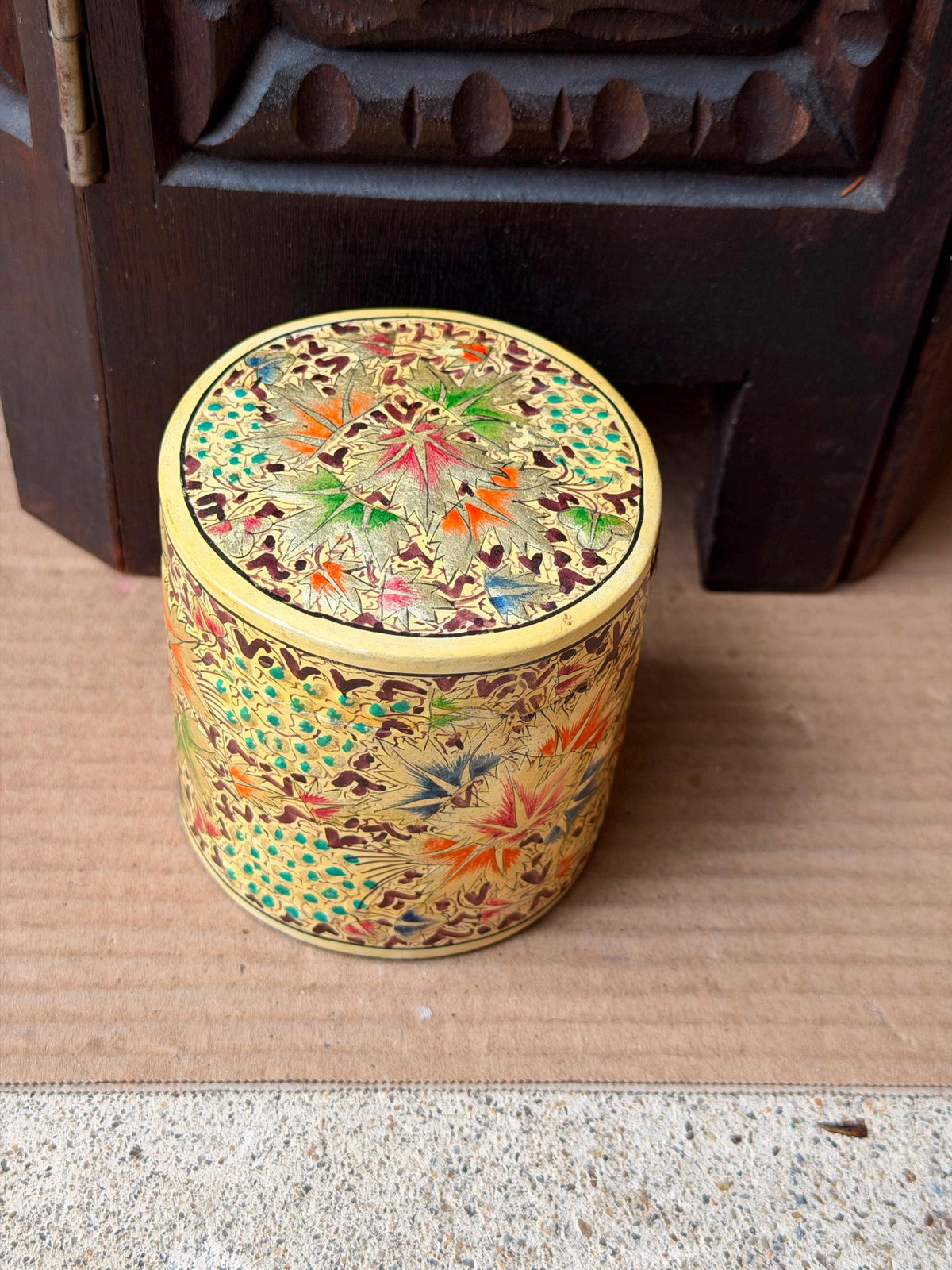 Vintage Hand Painted Papier Mache Cylindrical Box Chinar Leaf Trinket Vessel