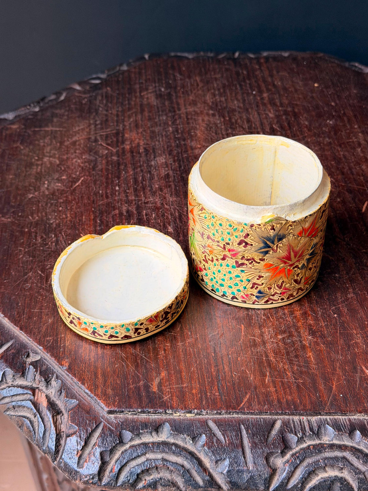 Vintage Hand Painted Papier Mache Cylindrical Box Chinar Leaf Trinket Vessel