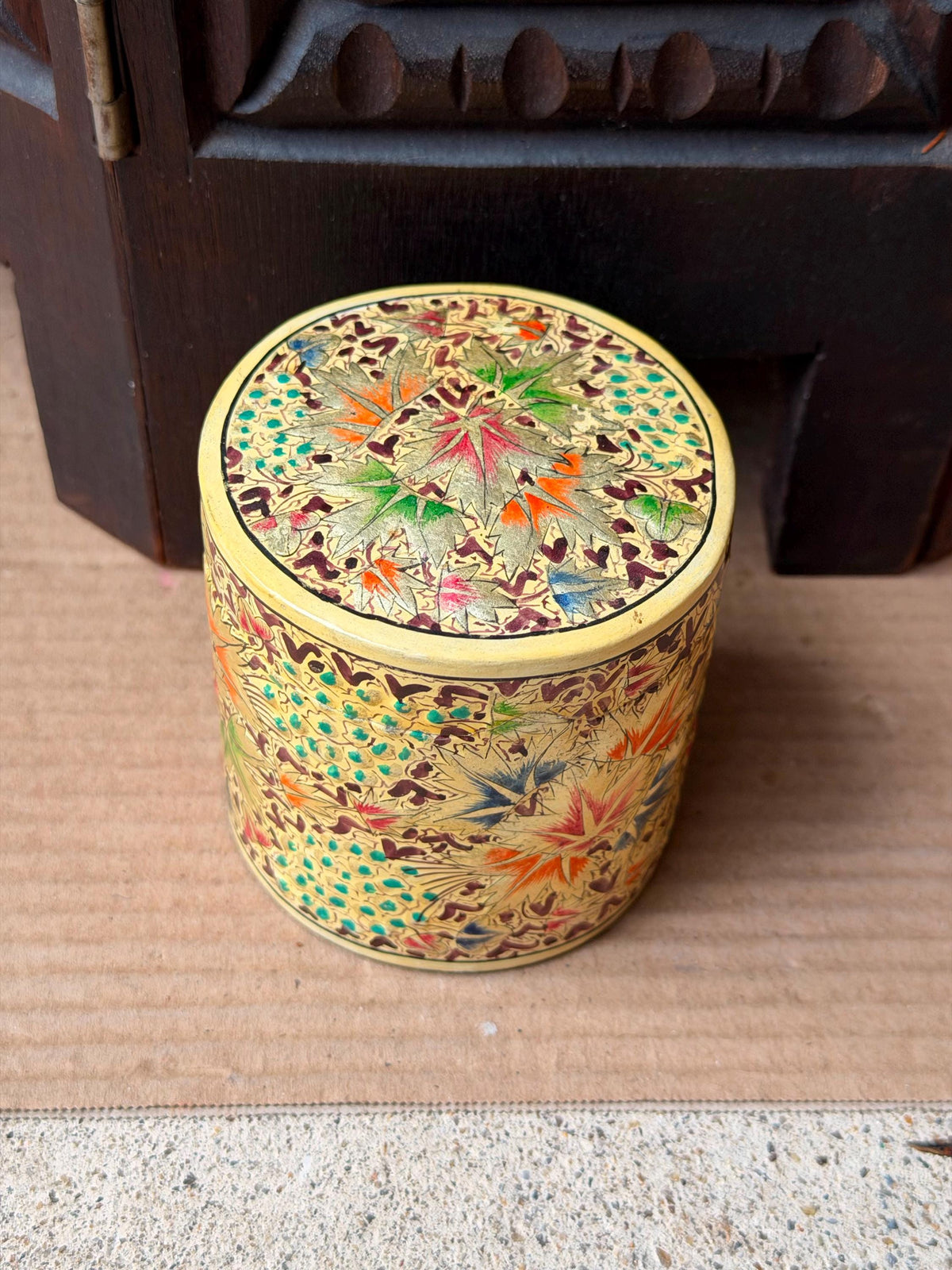 Vintage Hand Painted Papier Mache Cylindrical Box Chinar Leaf Trinket Vessel