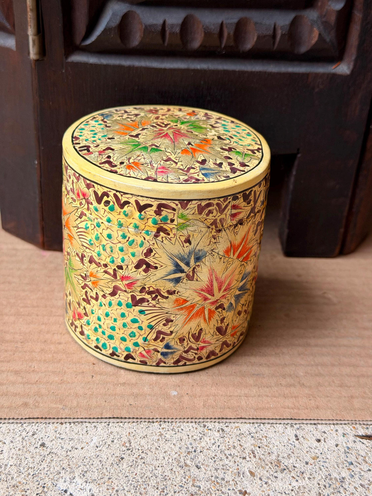 Vintage Hand Painted Papier Mache Cylindrical Box Chinar Leaf Trinket Vessel