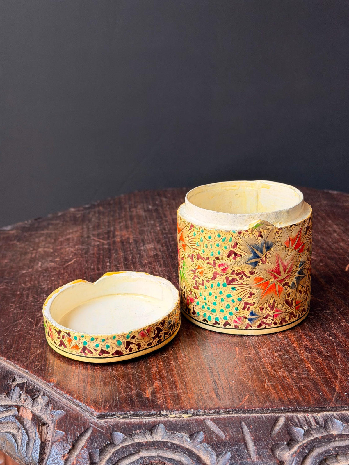 Vintage Hand Painted Papier Mache Cylindrical Box Chinar Leaf Trinket Vessel