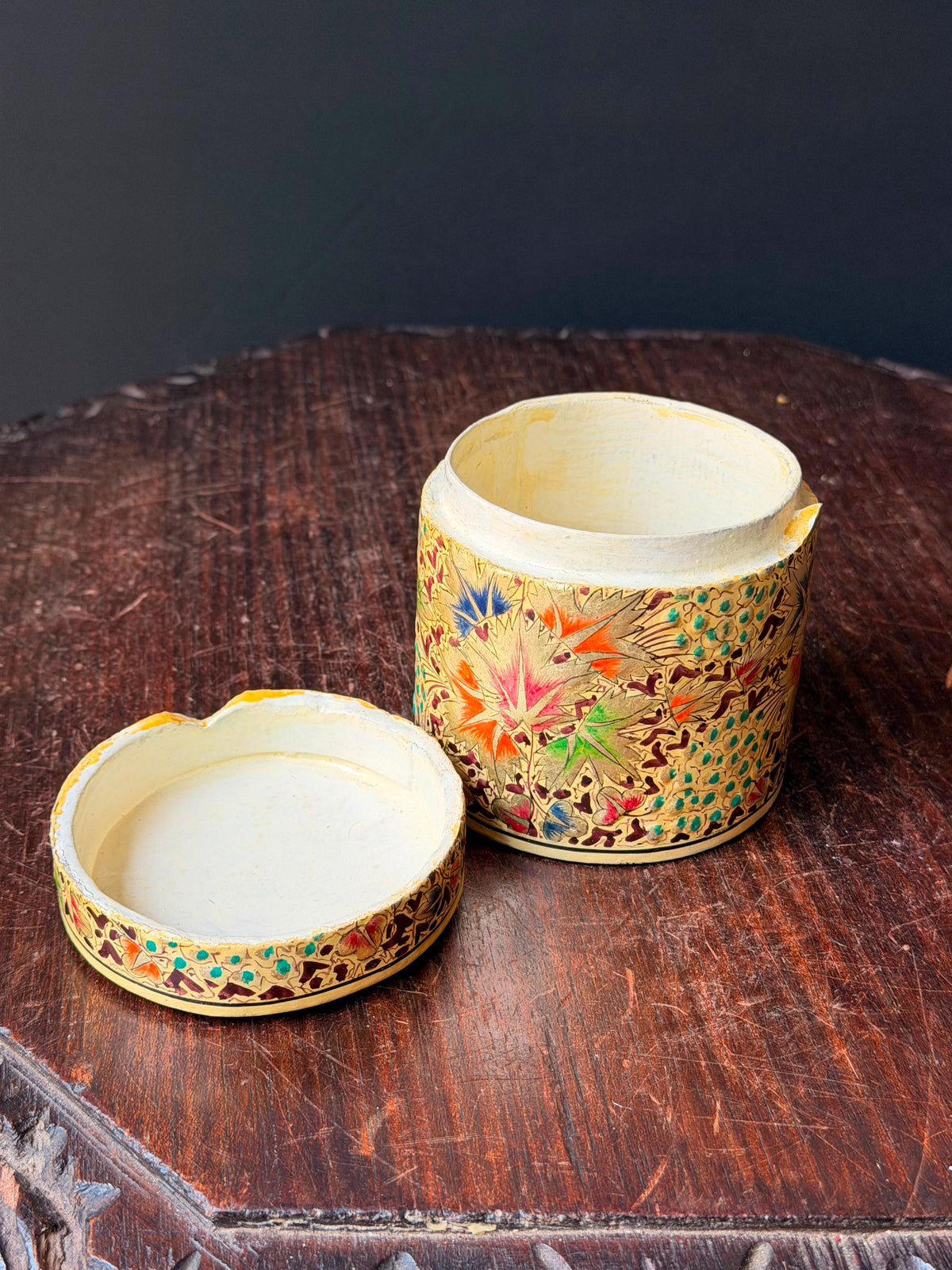 Vintage Hand Painted Papier Mache Cylindrical Box Chinar Leaf Trinket Vessel