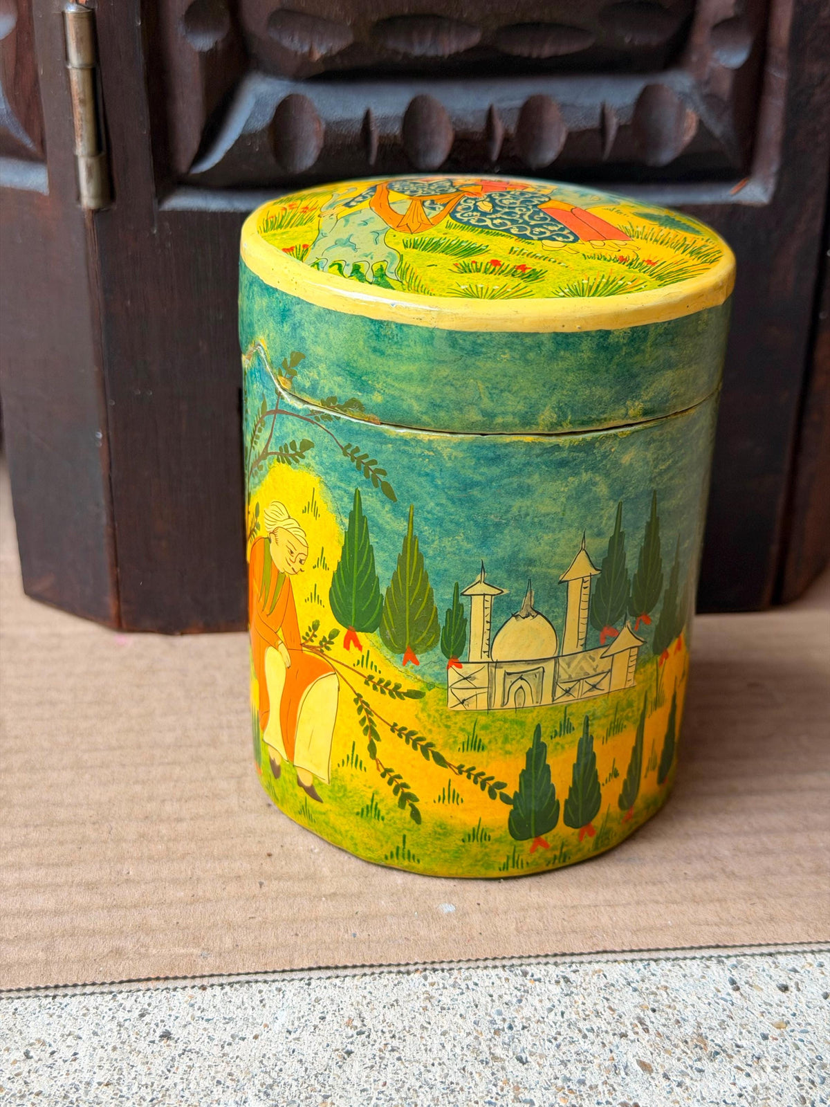 Vintage Hand Painted Papier Mache Canister Figural Miniature Scene Box