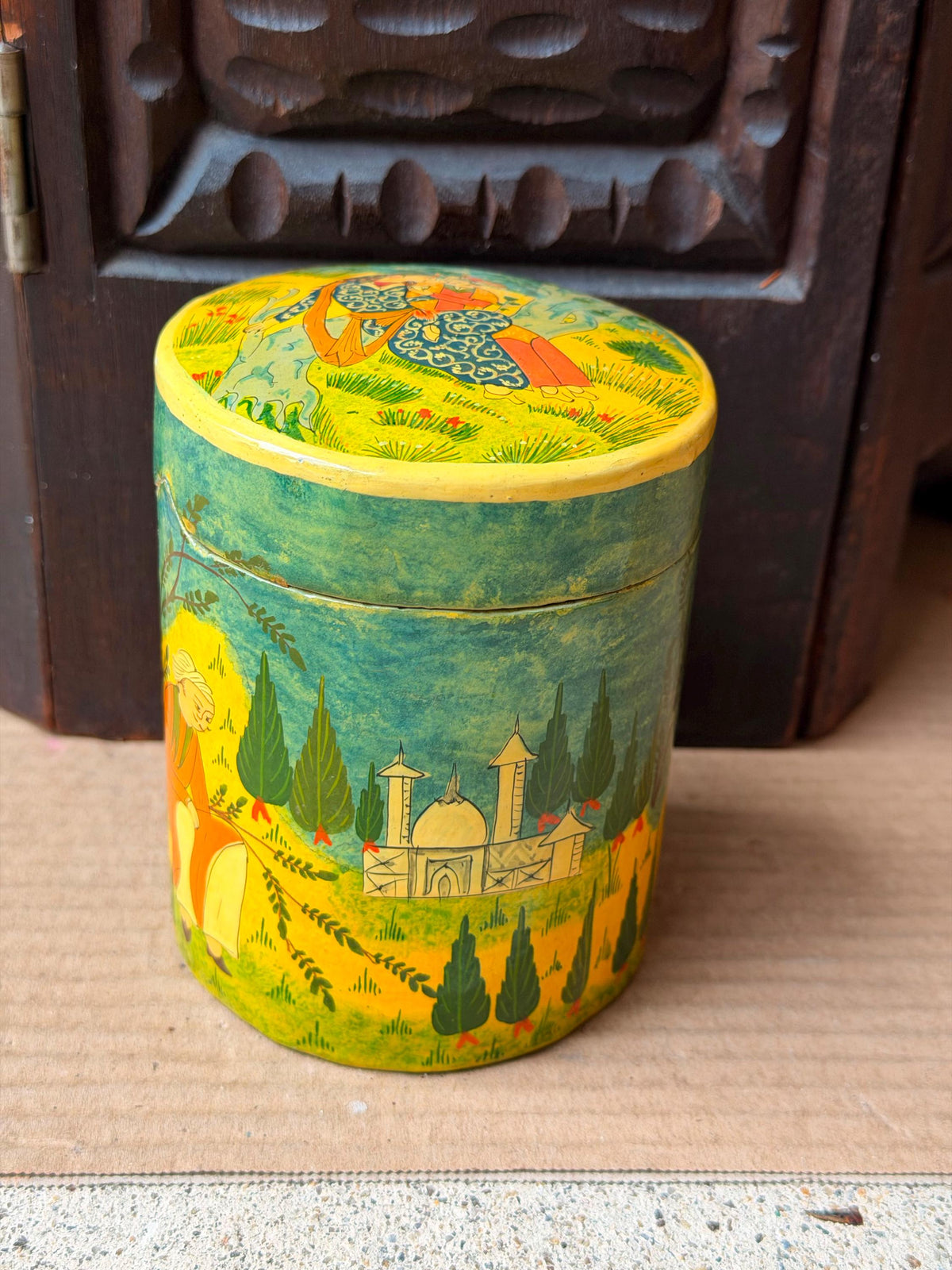 Vintage Hand Painted Papier Mache Canister Figural Miniature Scene Box