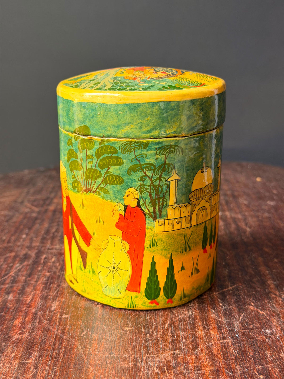 Vintage Hand Painted Papier Mache Canister Figural Miniature Scene Box